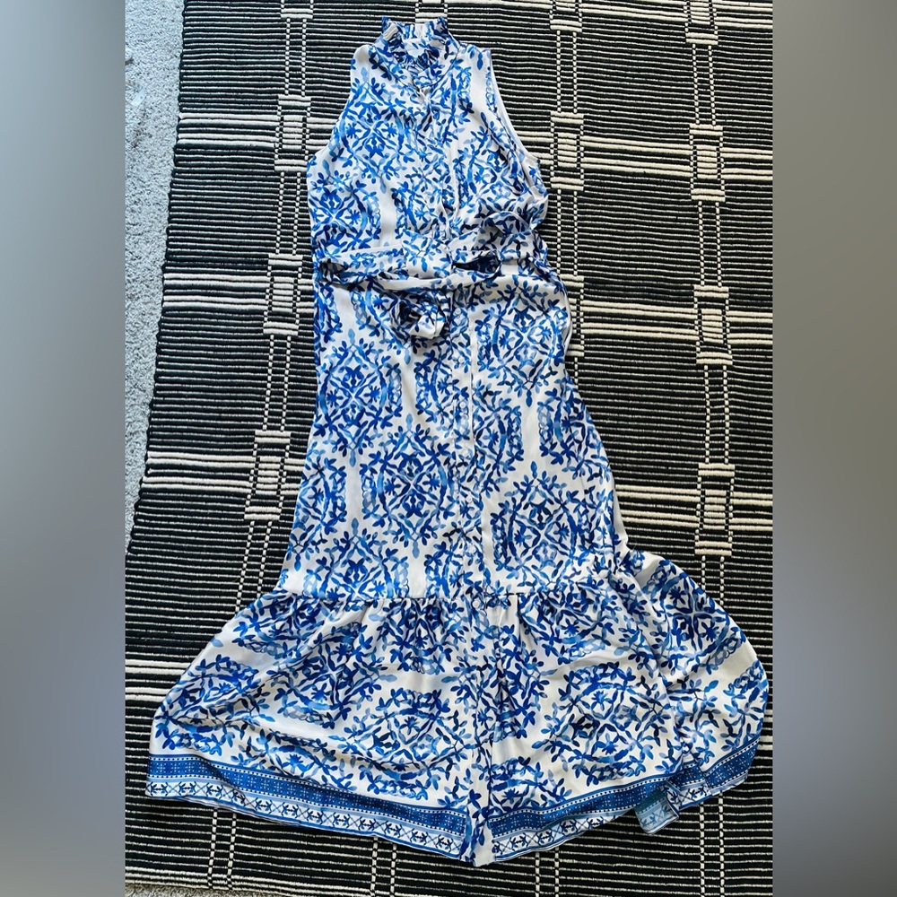Blue and White Patterned Maxi Dress